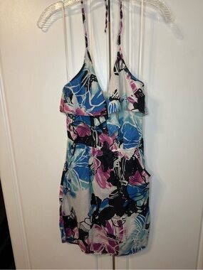 Roxy Floral Halter Mini Dress Size Medium Blue Pink Tropical Pockets